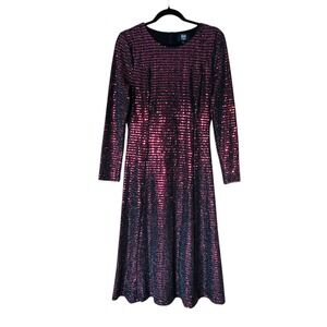 Black Red Sparkly Midi Dress Long Sleeve Stretch Knit Party Disco Glam L